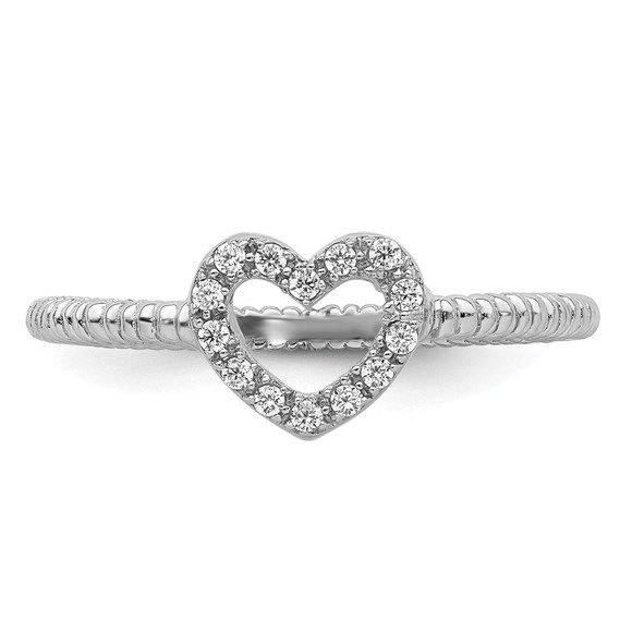 925 Sterling Silver Rhodium-plated Polished & Textured CZ Heart Ring - Picture 5 of 6